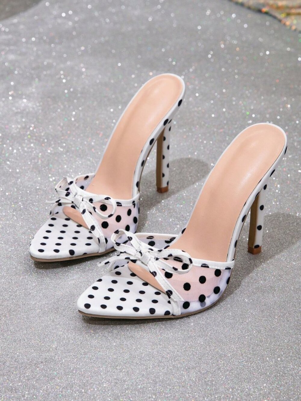 White Polka Dot Women's Mesh Pointed Open Toe Heels - Picture 2 of 6